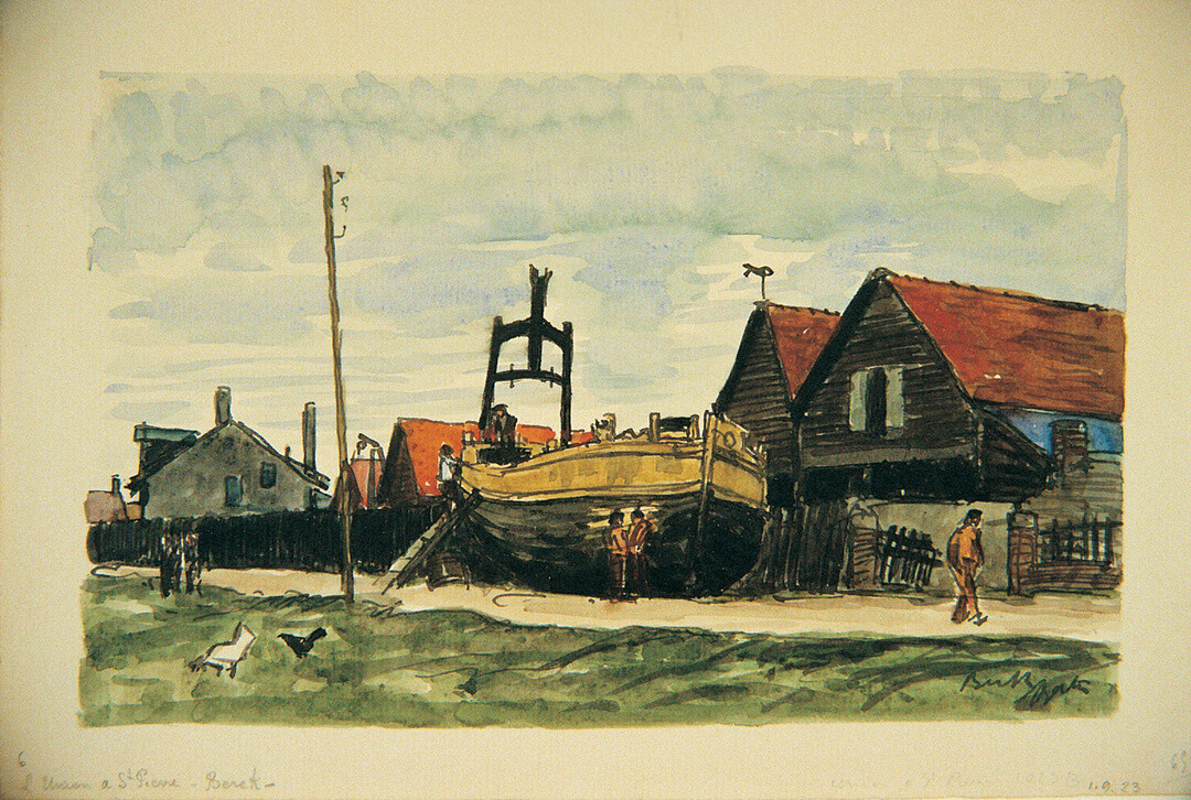 Bateaux échoués face à l’Hôpital Maritime, photo N&B, Berck, coll. Archives municipales, Berck