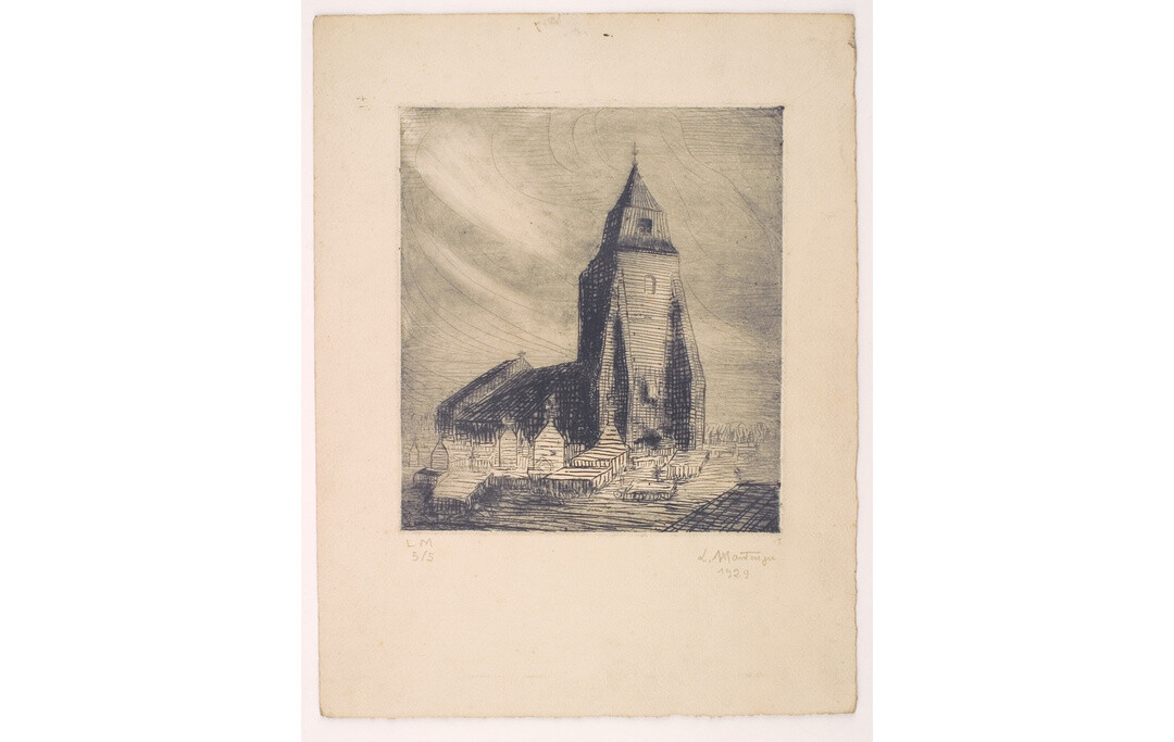 Louis Montaigu, Eglise Saint-Jean-Baptiste, eau forte, 1929, coll. Musée Opale Sud, Berck