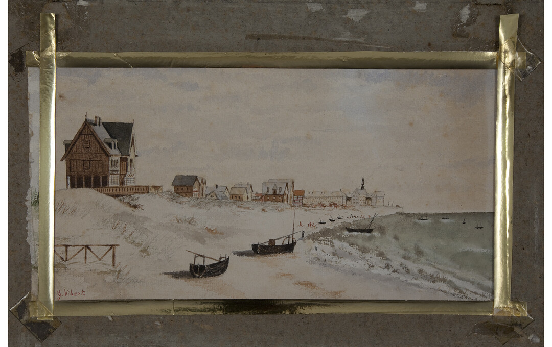 Jean-Georges Vibert, La plage de Berck vers le sud, ca. 1890 aquarelle collée sur carton, coll. Musée Opale Sud